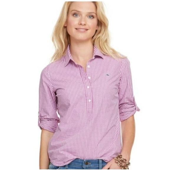 Vineyard Vines Women's Purple Gingham Shirt 1/2 Button Front Collared Size 2 - Picture 3 of 12